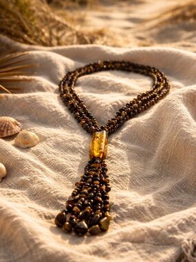 Vintage Tiger’s Eye & Gold Foil Statement Tassel Necklace